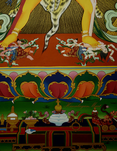Lotus base detail supporting Kalachakra and Vishvamata in traditional Tibetan Thangka art.