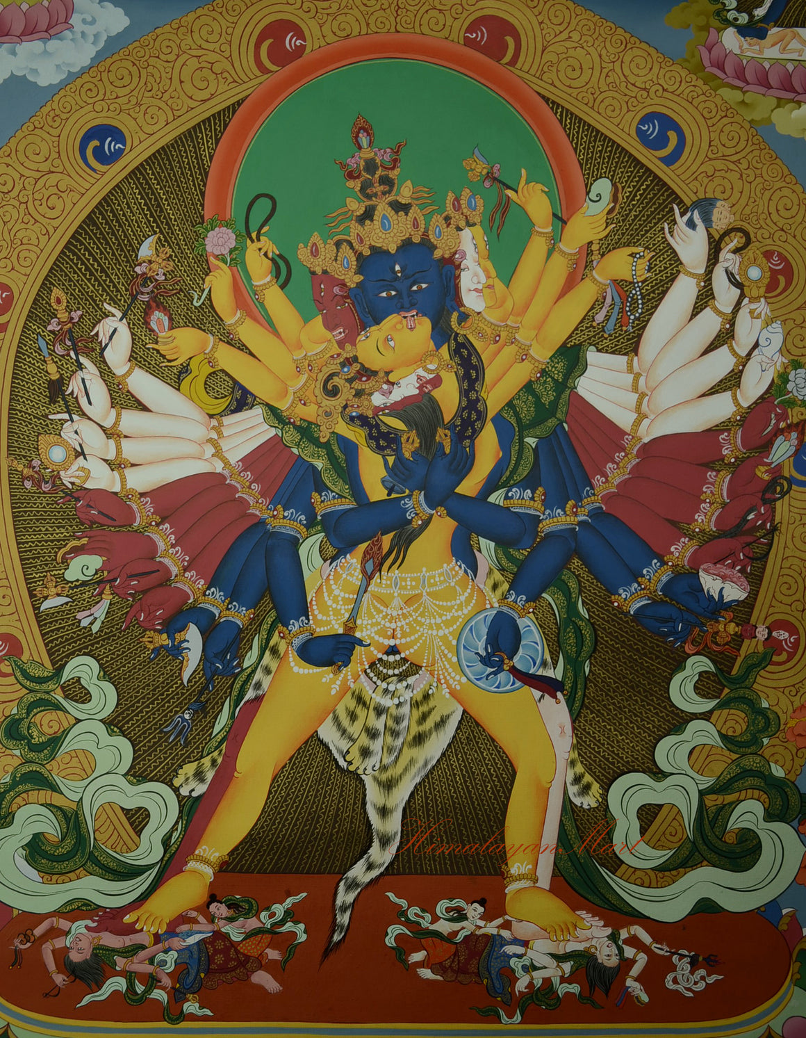 Close-up view of symbolic details in Kalachakra Thangka with Vishvamata in Yab Yum form.