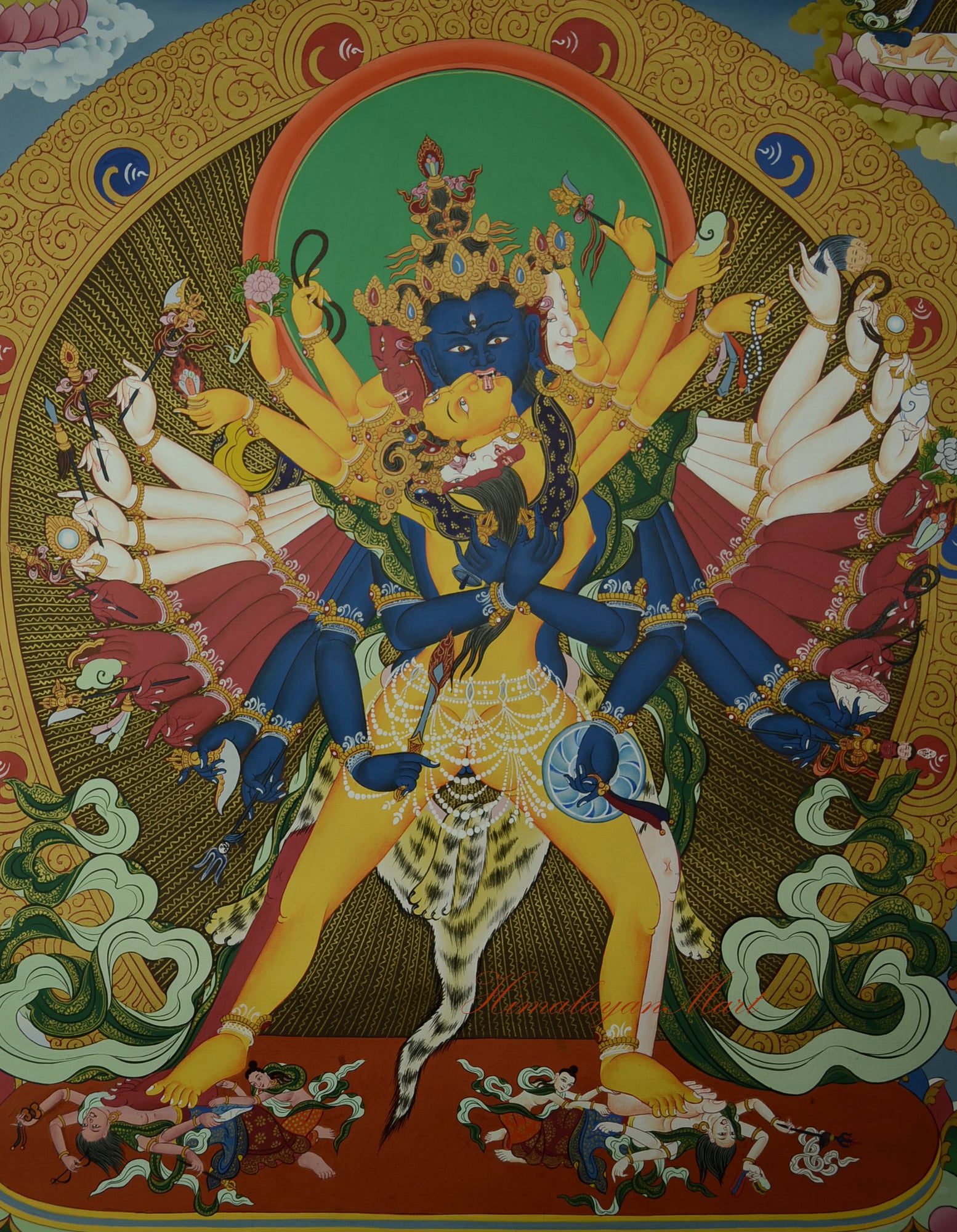 Close-up view of symbolic details in Kalachakra Thangka with Vishvamata in Yab Yum form.