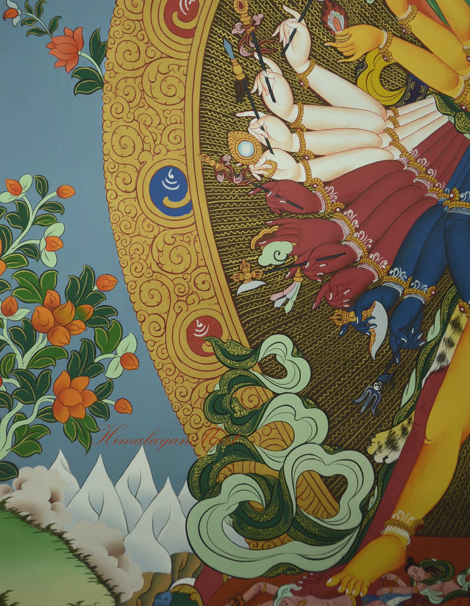 Detail of Kalachakra’s right arms with various symbolic implements in sacred Thangka painting.