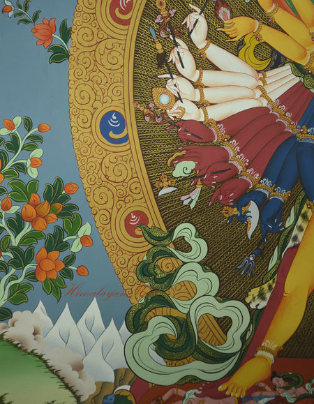 Detail of Kalachakra’s right arms with various symbolic implements in sacred Thangka painting.
