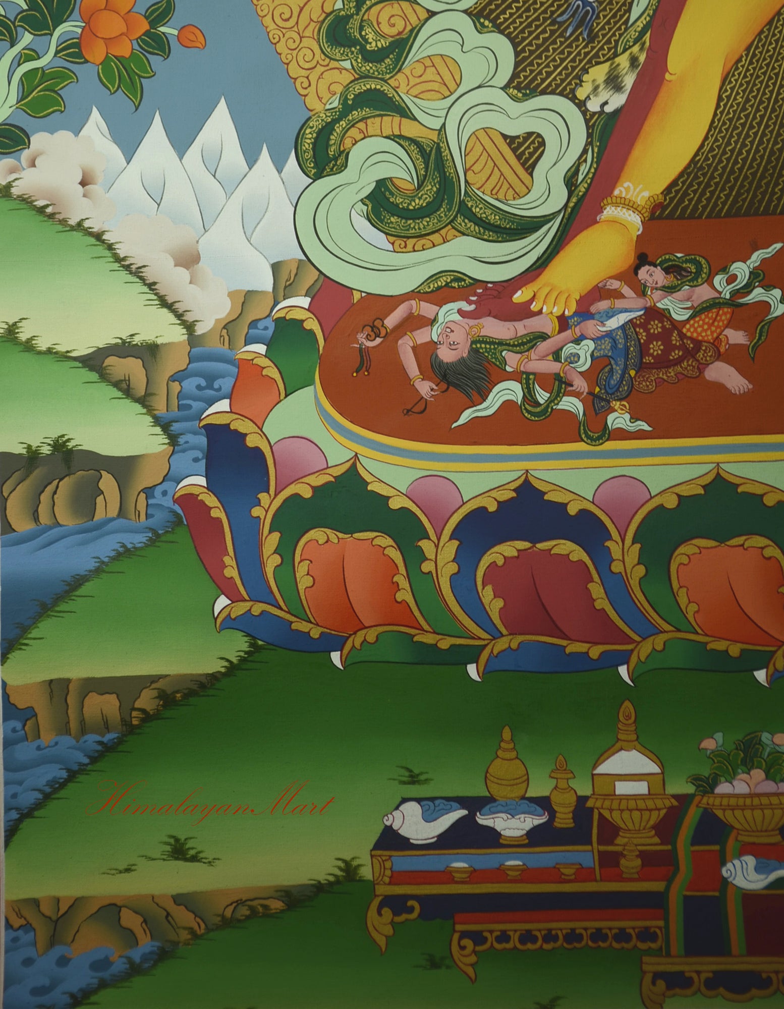 Right legs of Kalachakra shown in movement, beautifully hand-painted with flowing colors.