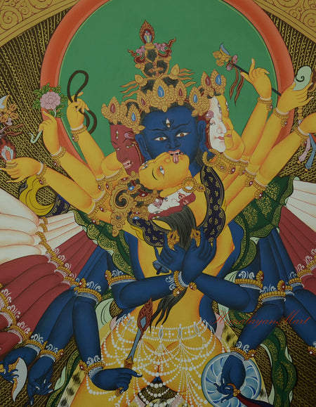 Face detail of Kalachakra and Vishvamata in union, highlighting expressions and fine gold work.