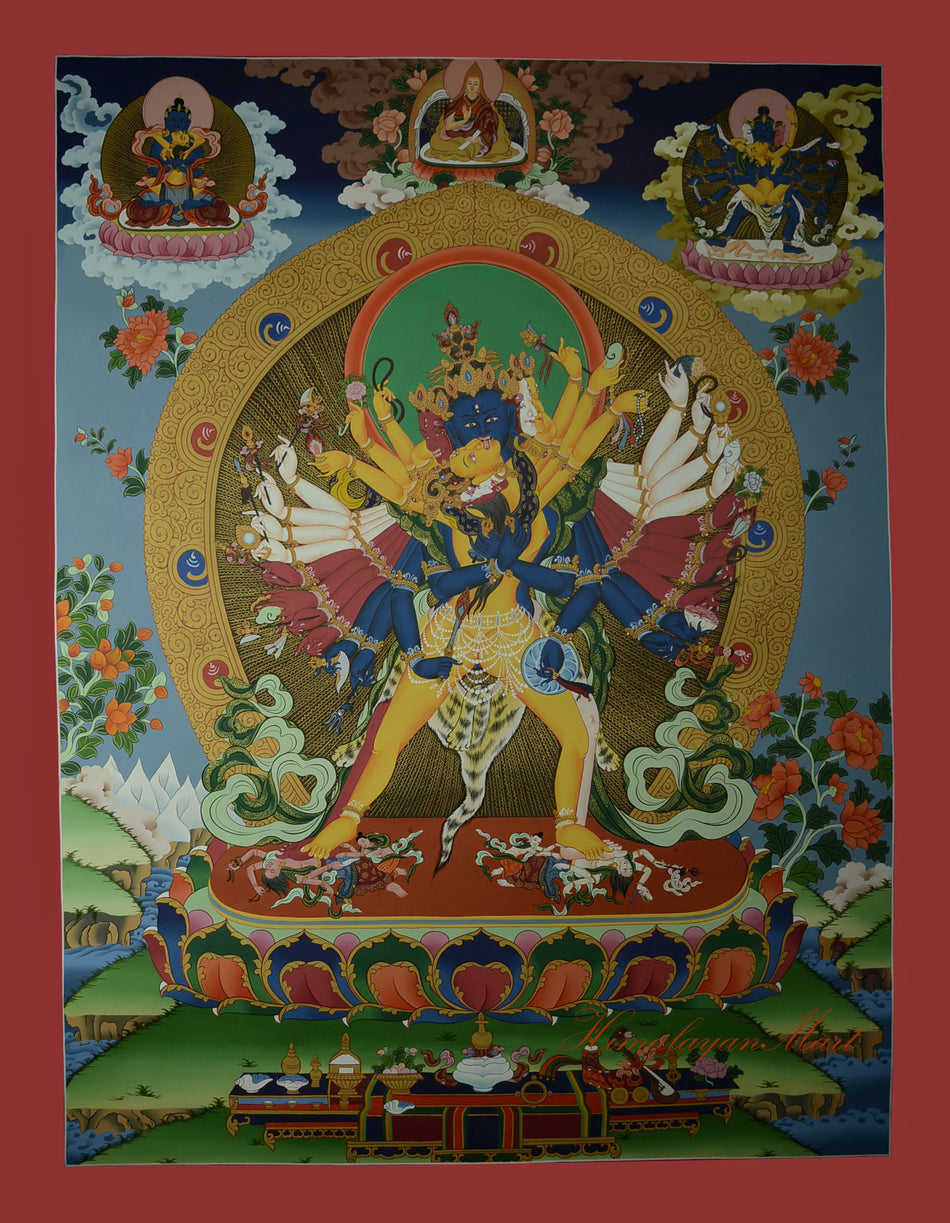 Hand-painted Kalachakra with Vishvamata Thangka in sacred Yab Yum union, Tibetan Buddhist art.