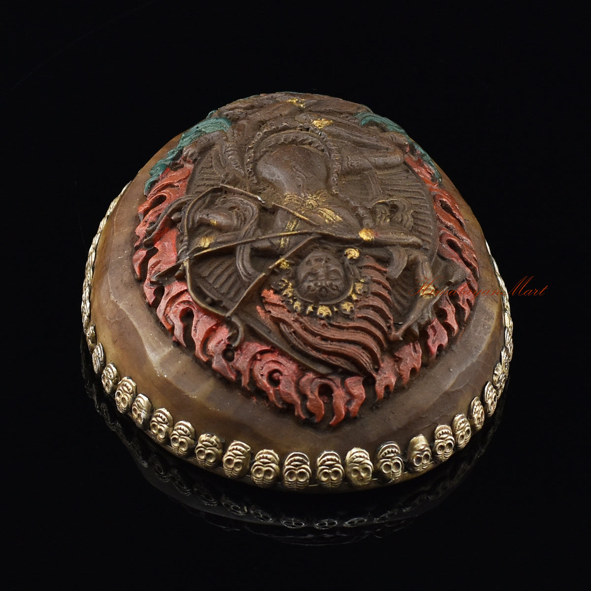 Top view of the Kurukulla Carved Resin Kapala highlighting the carved Kurukulla imagery