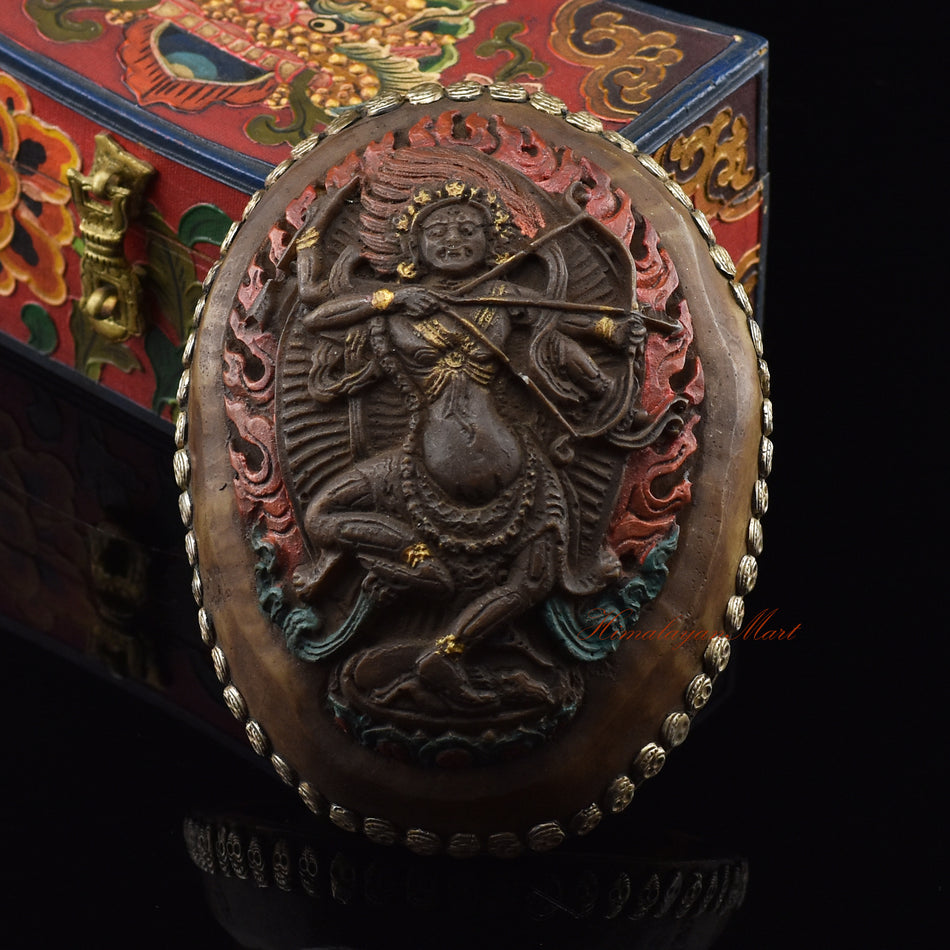 Kurukulla Carved Resin Kapala showing the dancing red dakini figure at the center of the design