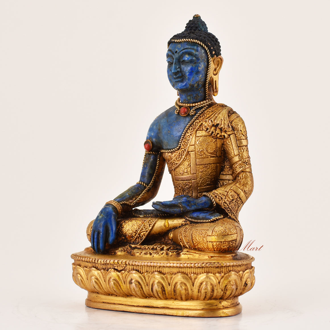 Left side view of Shakyamuni Buddha lapis inlay statue, traditional Tibetan handcrafted meditation sculpture