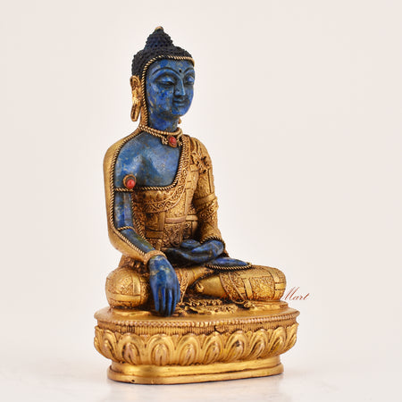 Right side view of lapis inlay Shakyamuni Buddha statue, handcrafted Tibetan meditation sculpture with fine detailing