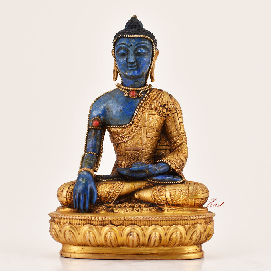 Lapis inlay Shakyamuni Buddha statue handcrafted in Tibetan style, seated in meditation posture for altar and spiritual decor