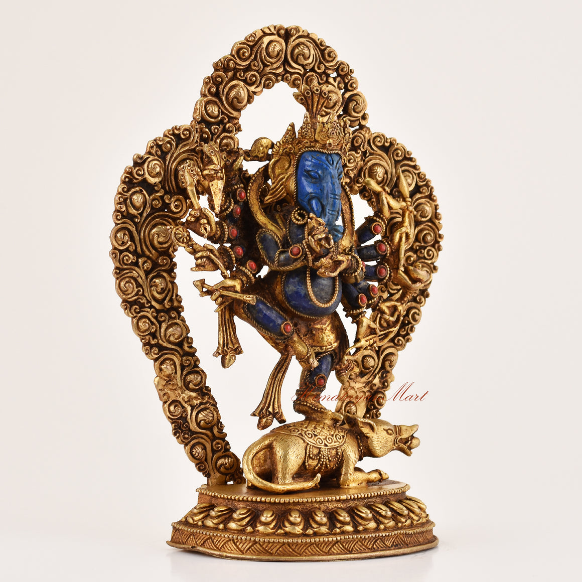 Right-side view of Lapis Inlay Ganesha Statue, coral-accented Hindu and Buddhist spiritual icon.