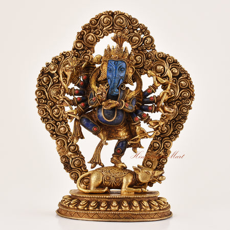 Handcrafted Lapis Inlay Ganesha Statue, coral-accented Hindu and Buddhist spiritual icon shown from the front.