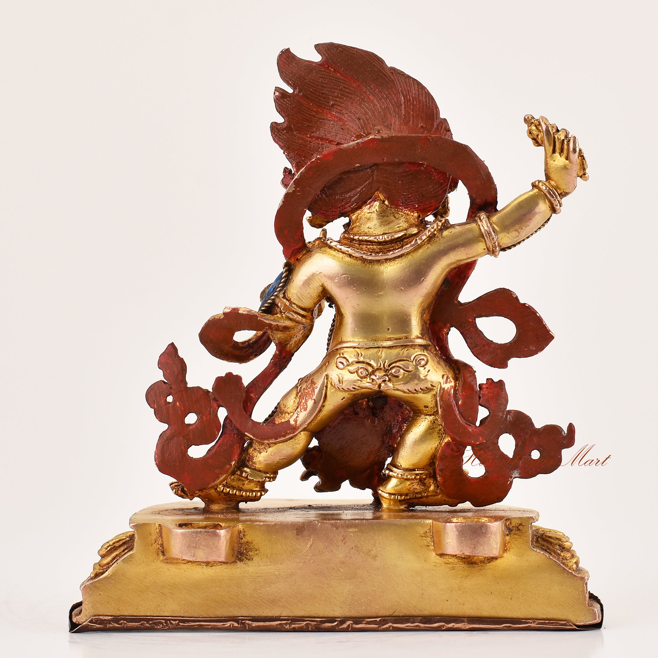Rear view of lapis inlay Vajrapani statue without frame, showing handcrafted copper alloy structure and traditional Tibetan Buddhist design.