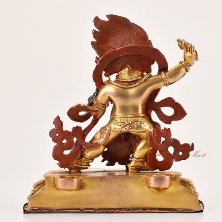 Rear view of lapis inlay Vajrapani statue without frame, showing handcrafted copper alloy structure and traditional Tibetan Buddhist design.