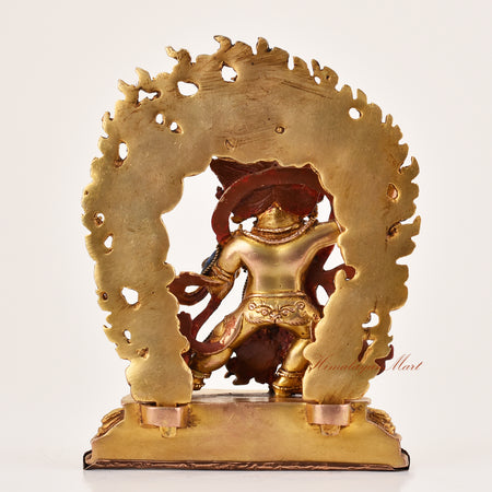 Back view of lapis inlay Vajrapani statue highlighting traditional lost wax copper alloy casting and fine Tibetan Buddhist details.