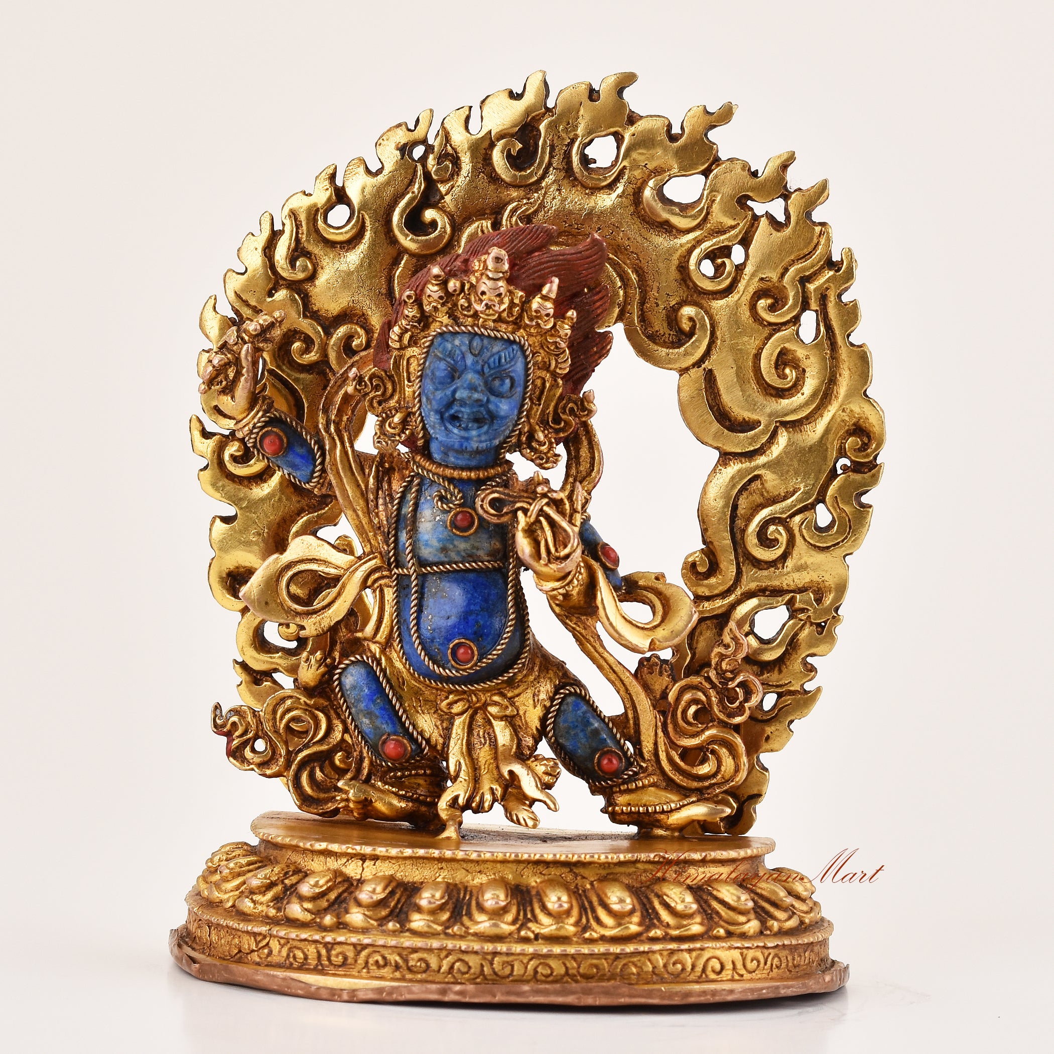 Lapis inlay Vajrapani statue handcrafted in copper alloy using traditional lost wax technique, front view of Tibetan Buddhist protector deity.