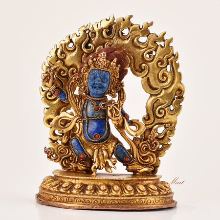 Lapis inlay Vajrapani statue handcrafted in copper alloy using traditional lost wax technique, front view of Tibetan Buddhist protector deity.