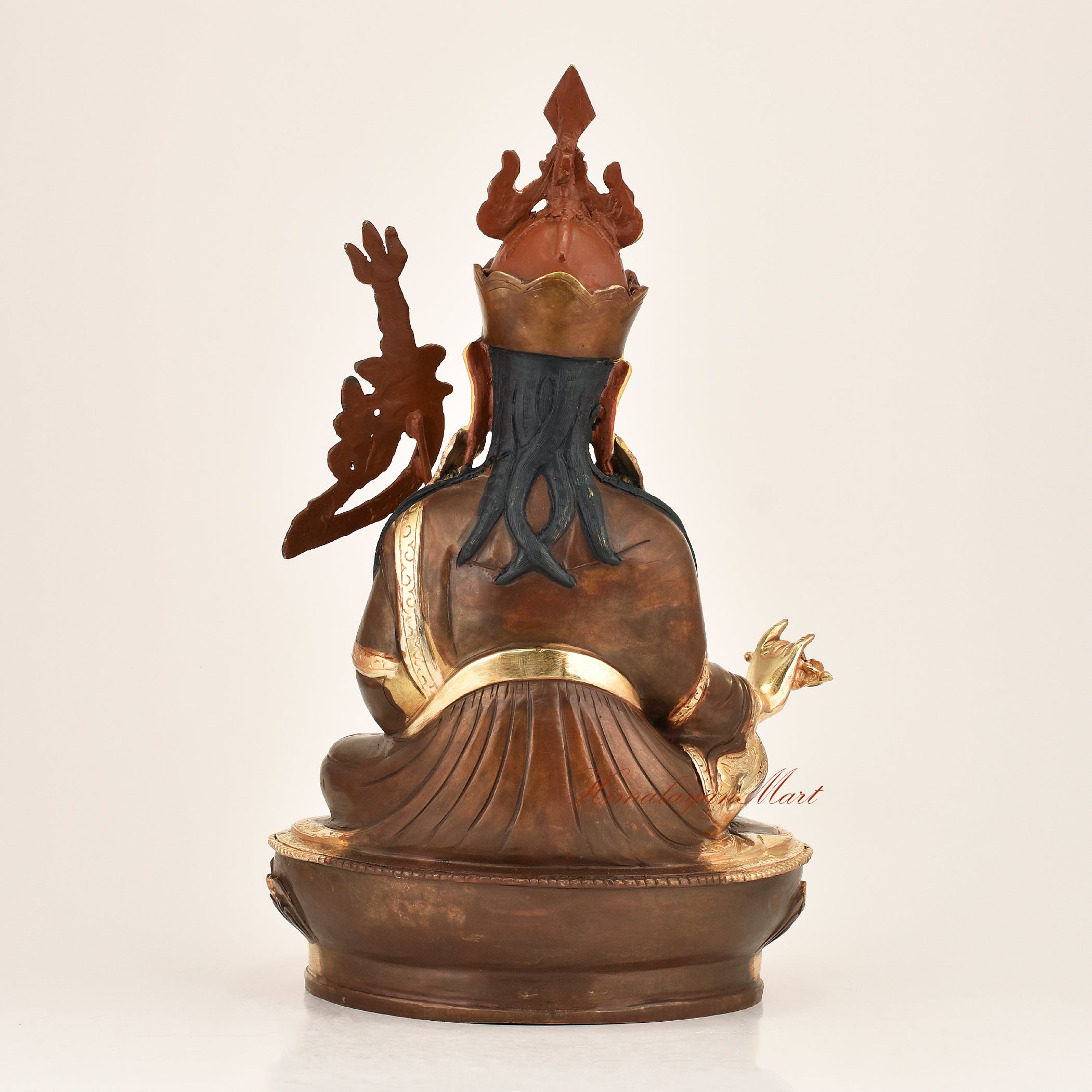 Back view of the Lotus Born Master Statue displaying the detailed lost-wax cast copper alloy construction and traditional Himalayan Buddhist metalwork from Patan, Nepal