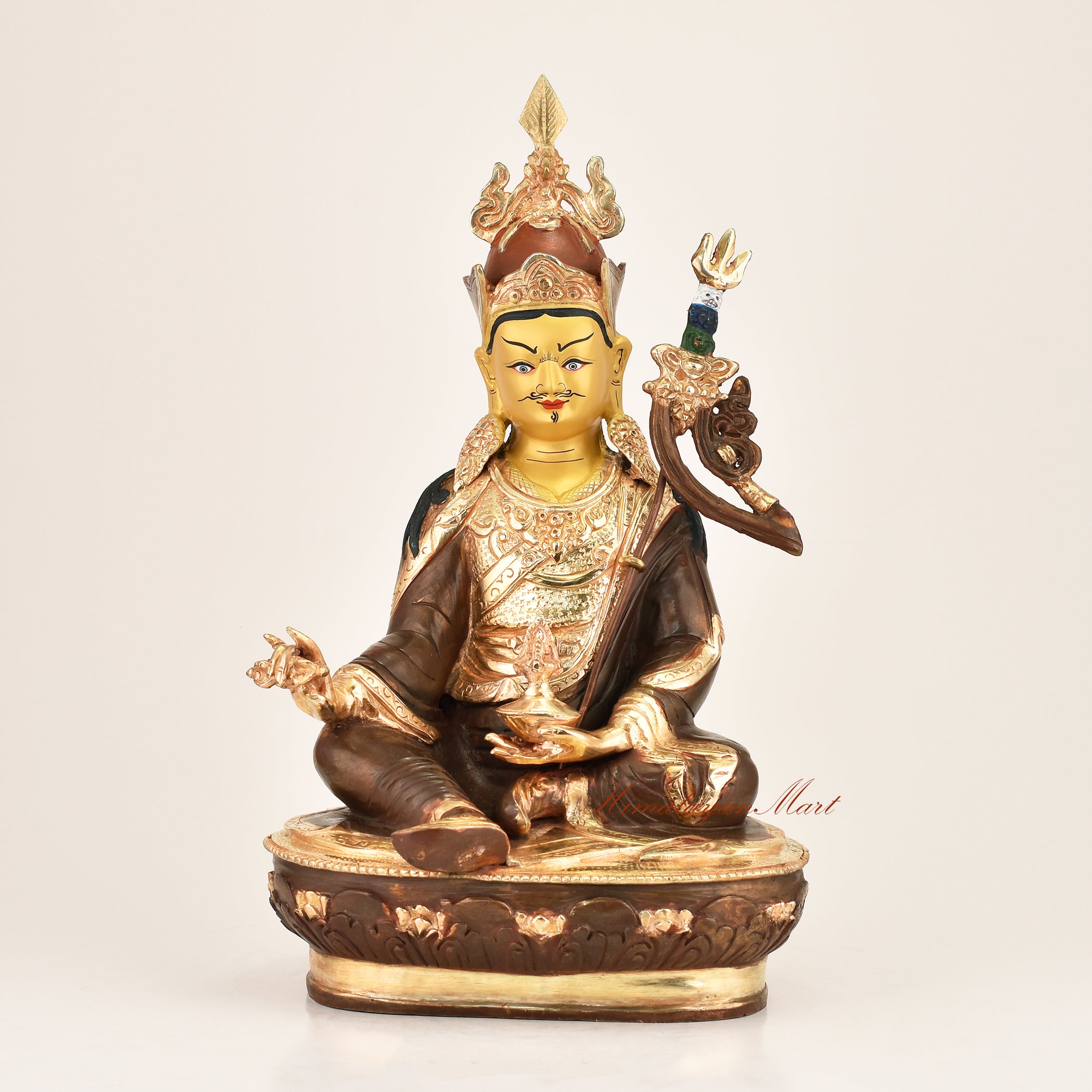Lotus Born Master Statue — gold-plated copper alloy sacred altar figure of Guru Padmasambhava, the Second Buddha of Tibetan Buddhism, handcrafted by master artisans in Patan, Nepal