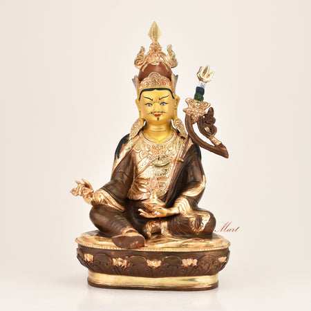 Lotus Born Master Statue — gold-plated copper alloy sacred altar figure of Guru Padmasambhava, the Second Buddha of Tibetan Buddhism, handcrafted by master artisans in Patan, Nepal