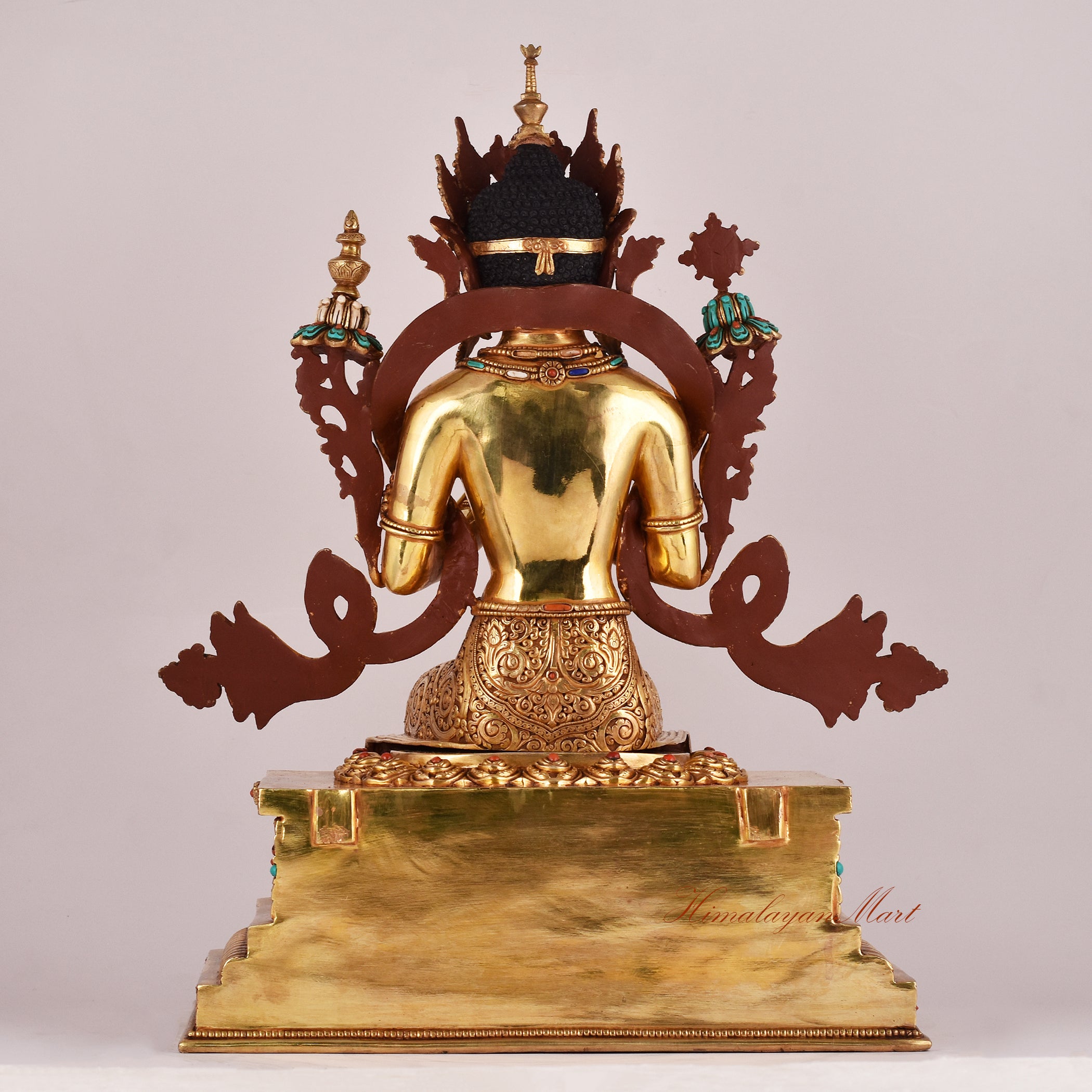 Back view of the Maitreya Buddha on Throne Statue without frame, emphasizing sculpture texture and craftsmanship.