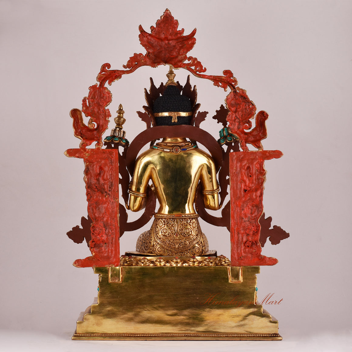 Back view of the Maitreya Buddha on Throne Statue displaying the throne design and ornamental patterns.
