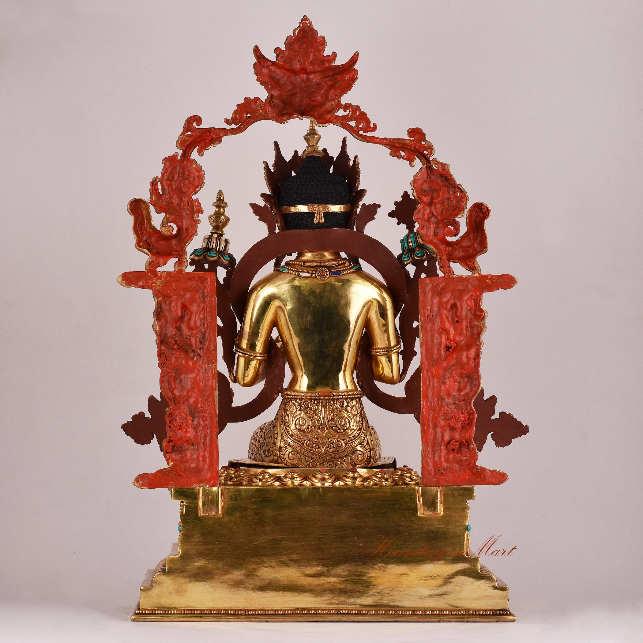 Back view of the Maitreya Buddha on Throne Statue displaying the throne design and ornamental patterns.