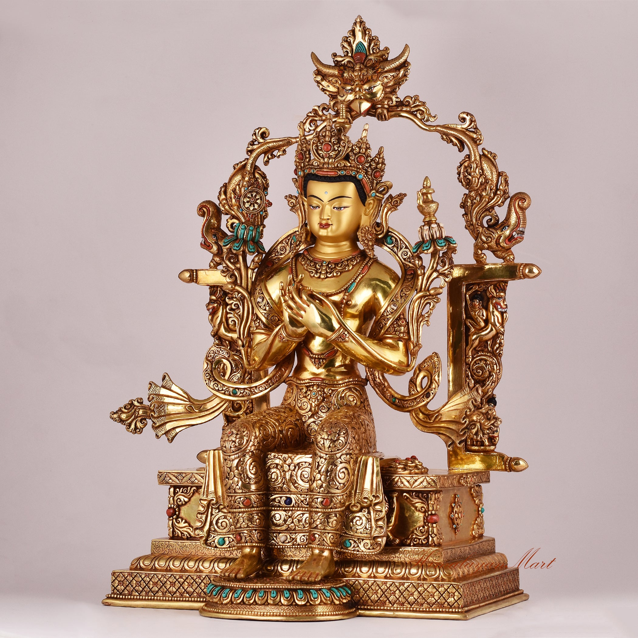 Left-side view of the Maitreya Buddha on Throne Statue highlighting intricate hand-carved details.