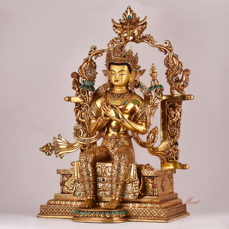 Left-side view of the Maitreya Buddha on Throne Statue highlighting intricate hand-carved details.