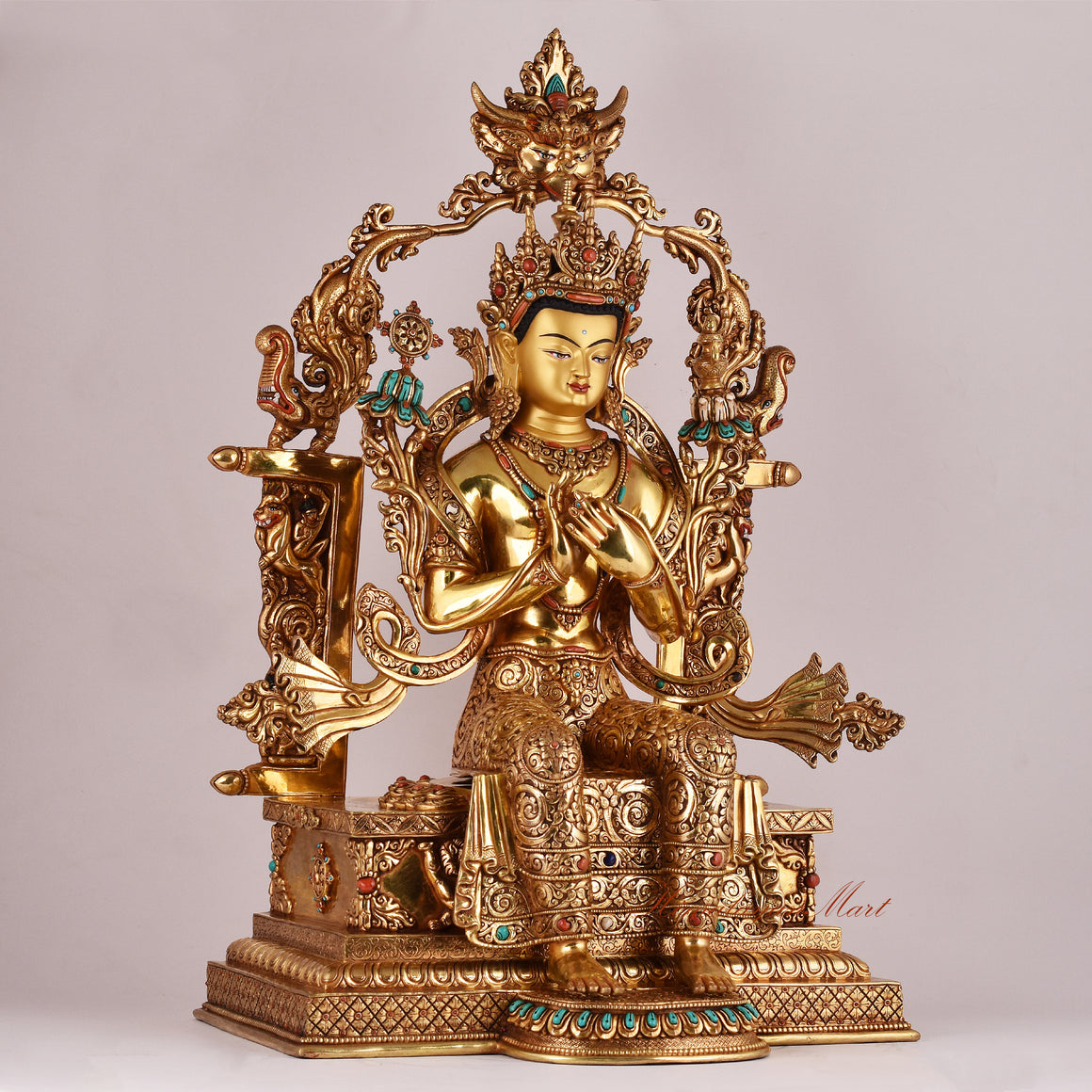 Right-side view of the Maitreya Buddha on Throne Statue showing detailed craftsmanship and serene expression.
