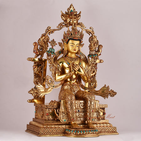Right-side view of the Maitreya Buddha on Throne Statue showing detailed craftsmanship and serene expression.