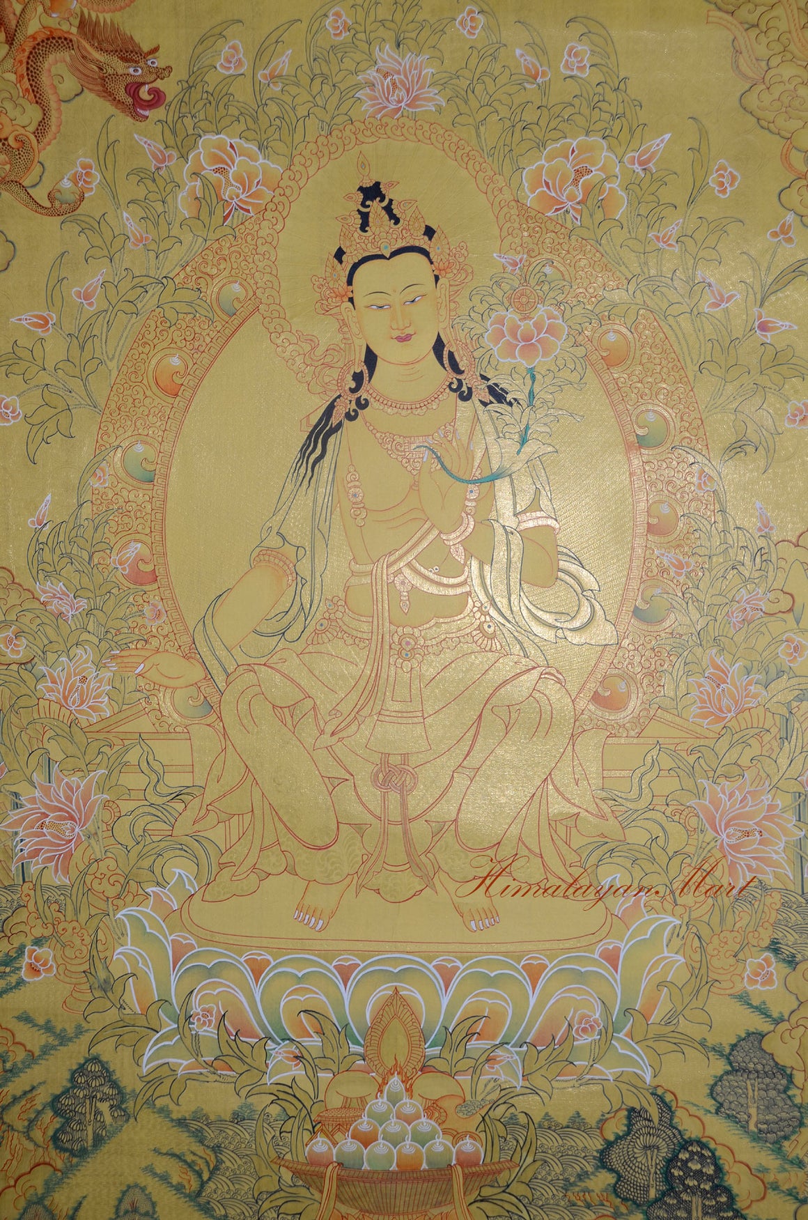 Close-up detail of Maitreya Buddha's robes with lavish 24K gold brushwork on a hand-painted Thangka from Patan, Nepal