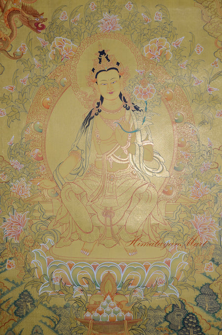 Close-up detail of Maitreya Buddha's robes with lavish 24K gold brushwork on a hand-painted Thangka from Patan, Nepal