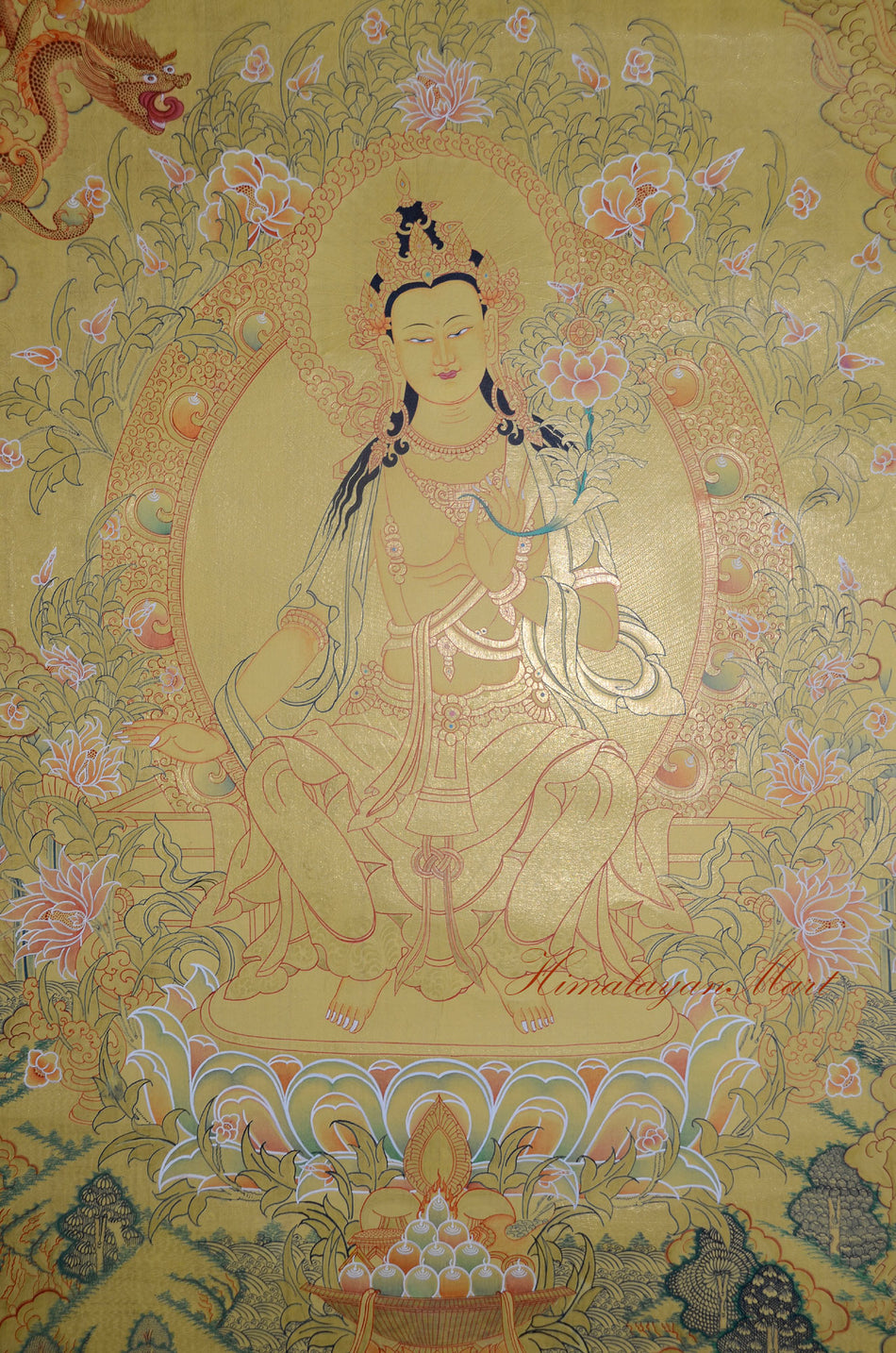 Close-up detail of Maitreya Buddha's robes with lavish 24K gold brushwork on a hand-painted Thangka from Patan, Nepal