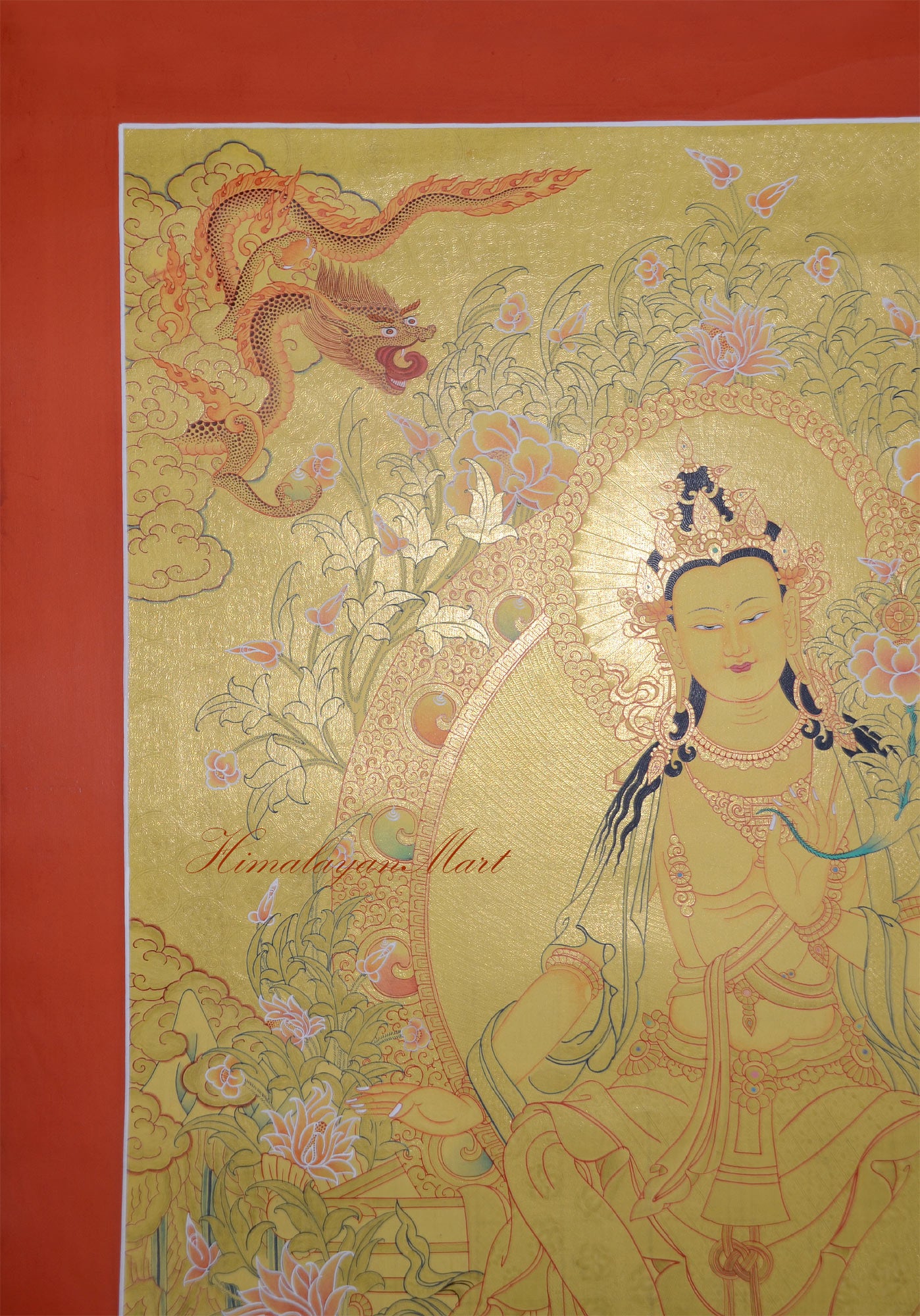 Detail of a majestic protective dragon emerging from clouds in the upper section of a hand-painted Maitreya Buddha Thangka, Kathmandu Valley, Nepal