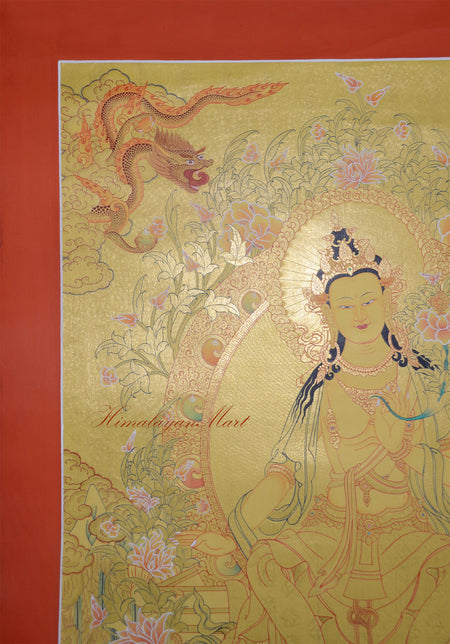 Detail of a majestic protective dragon emerging from clouds in the upper section of a hand-painted Maitreya Buddha Thangka, Kathmandu Valley, Nepal