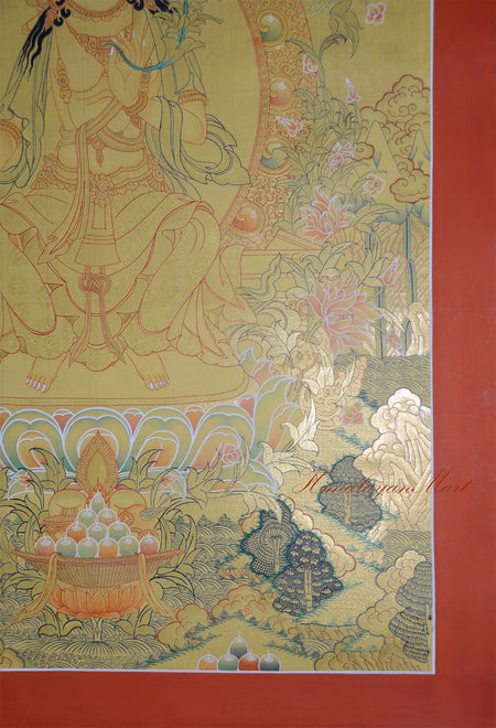 Close-up detail of the lotus throne base beneath Maitreya Buddha in a hand-painted 24K gold Thangka painting from Patan, Nepal