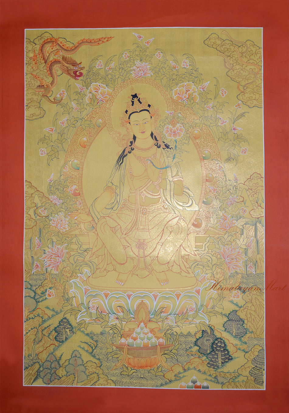 Hand-painted Maitreya Buddha Thangka painting with lavish 24K gold on cotton canvas, crafted by a master artisan in Patan, Kathmandu Valley, Nepal