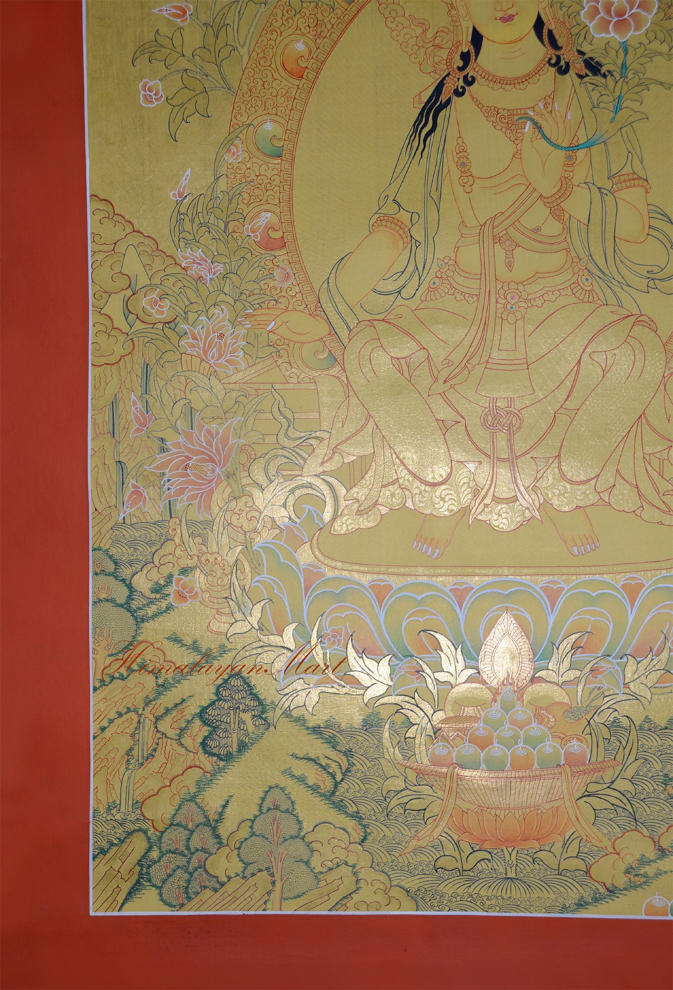 Detail of a sacred offering bowl on a lotus emerging from a pond, depicting the five sensory offerings in a hand-painted Maitreya Buddha Thangka from Nepal