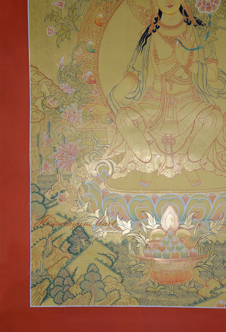Detail of a sacred offering bowl on a lotus emerging from a pond, depicting the five sensory offerings in a hand-painted Maitreya Buddha Thangka from Nepal