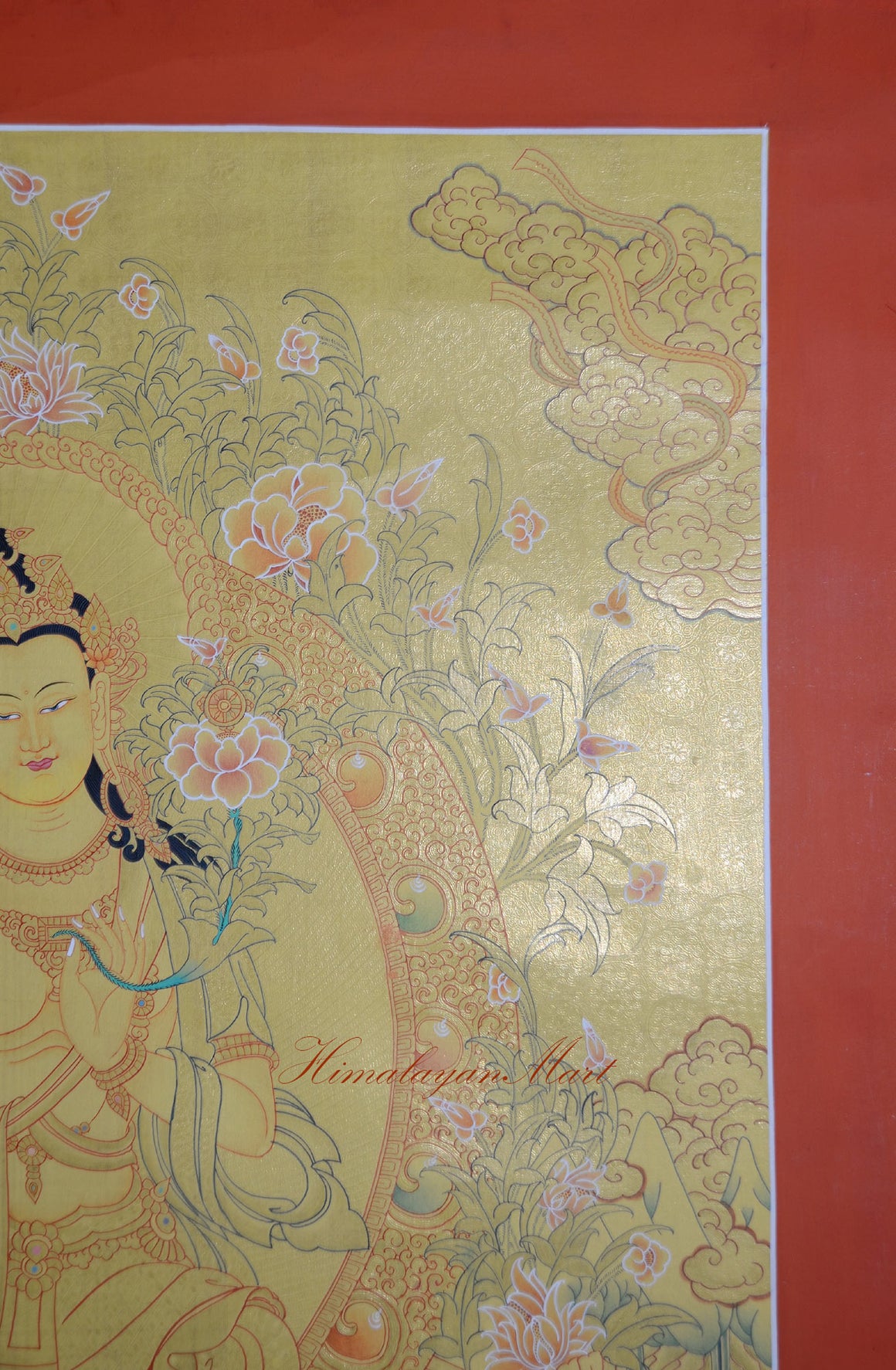Detail of snow-capped Himalayan mountains in the background of a hand-painted Maitreya Buddha Thangka painting from Kathmandu Valley, Nepal