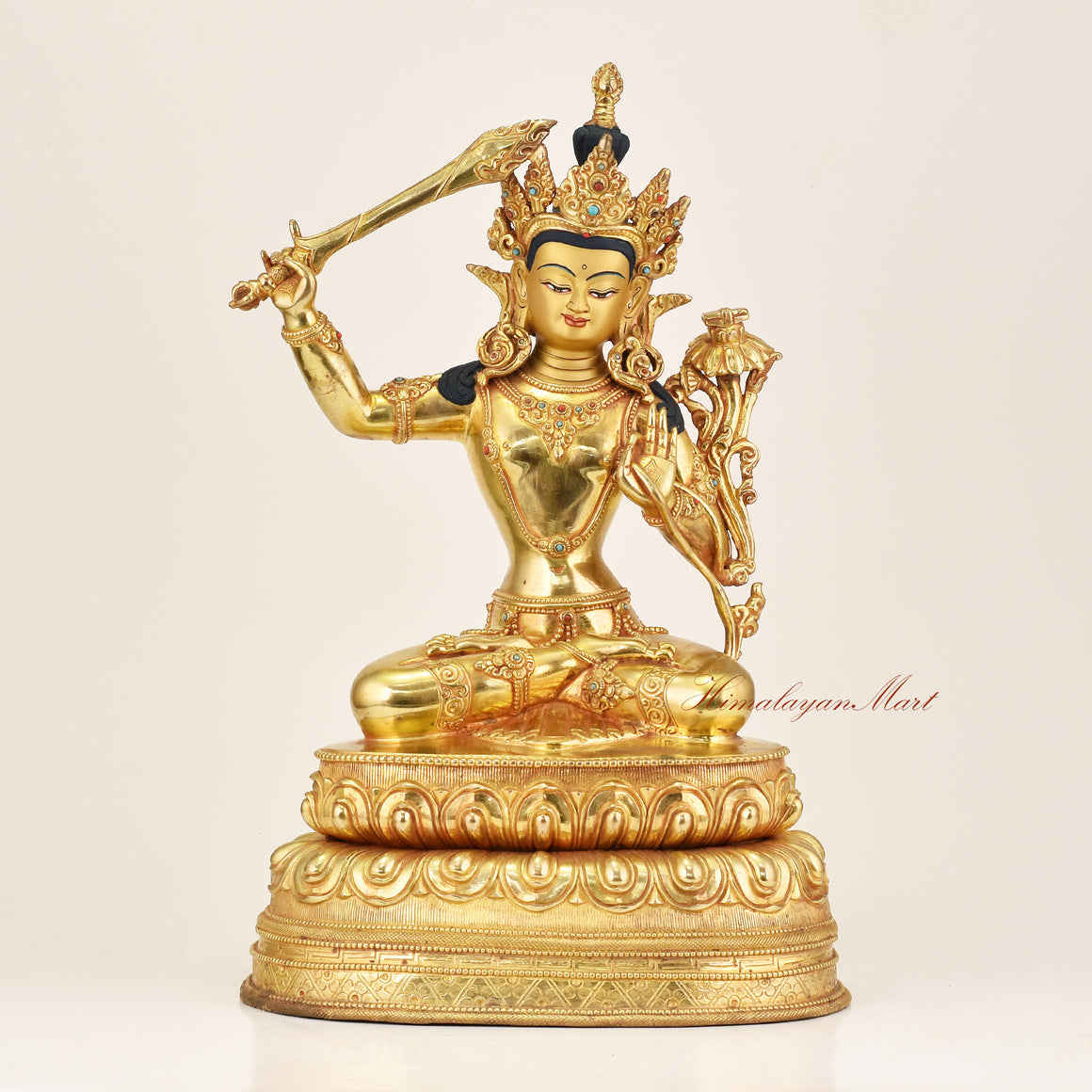 Manjushri Buddha Statue, gold gilded Bodhisattva of Wisdom with hand-painted face and gemstone inlay