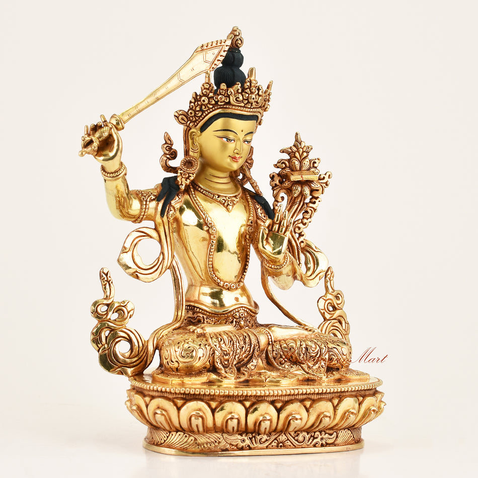 Right view of Manjushri Buddhist Altar Statue, showing intricate details and gold gilding, perfect for meditation, Buddhist altar décor, and spiritual practice.