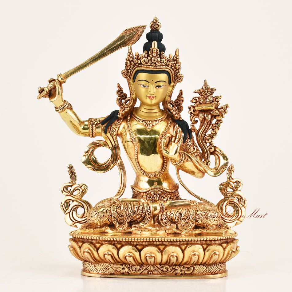 Manjushri Buddhist Altar Statue – Sacred ritual sculpture for meditation and devotional practice, handcrafted Himalayan copper alloy with gold gilding, ideal for home altar or shrine.