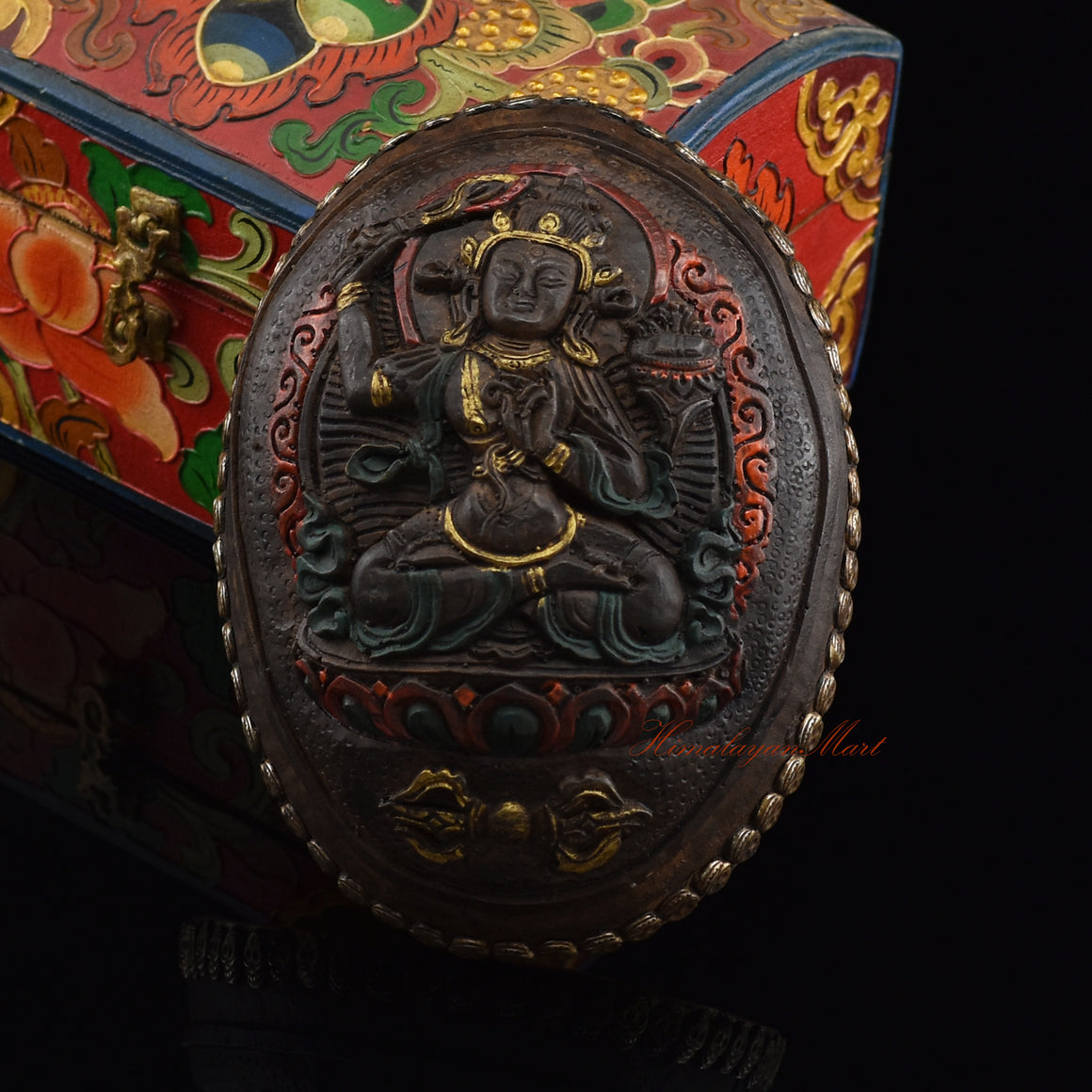 Manjushri Carved Resin Kapala with an intricately detailed metal skull border, front view