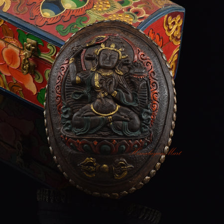 Manjushri Carved Resin Kapala with an intricately detailed metal skull border, front view