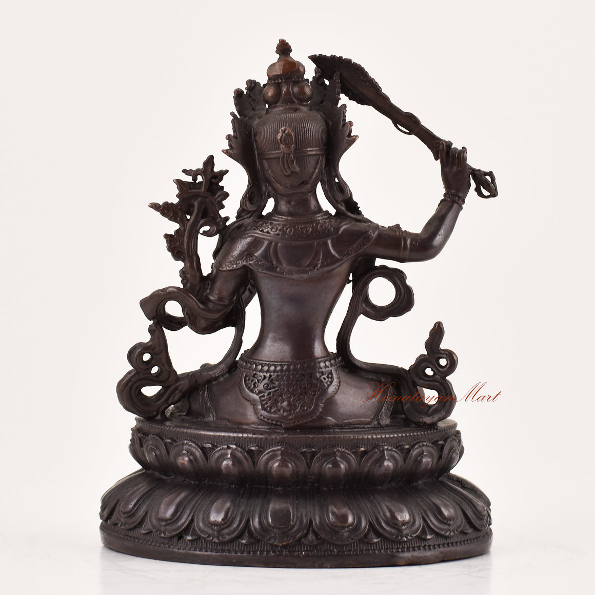 Back view of handcrafted Manjushri statue for sale, Tibetan Buddhist meditation and religious sculpture.