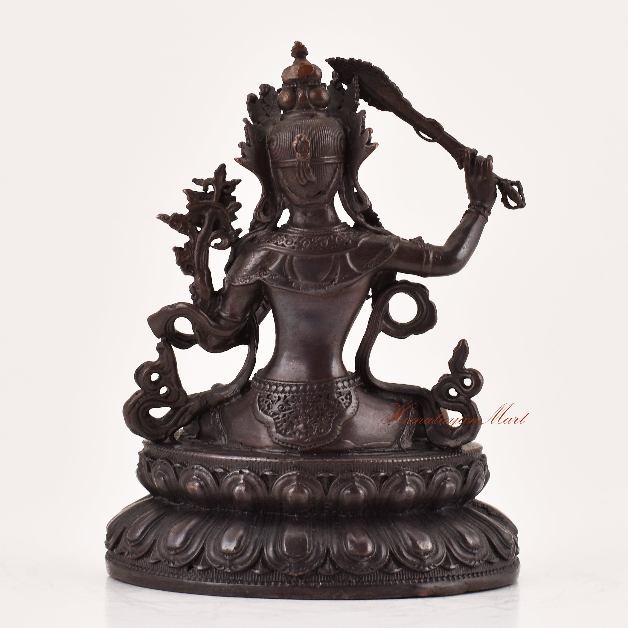 Back view of handcrafted Manjushri statue for sale, Tibetan Buddhist meditation and religious sculpture.