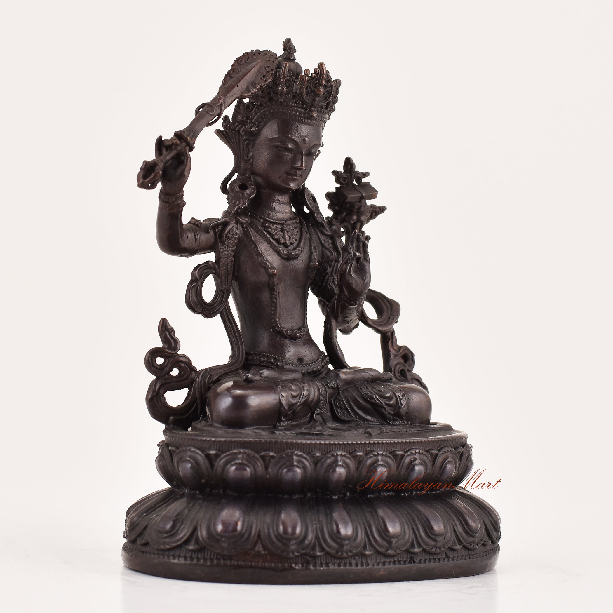 Right-side view of handcrafted Manjushri statue for sale, Tibetan Buddhist meditation and religious sculpture.
