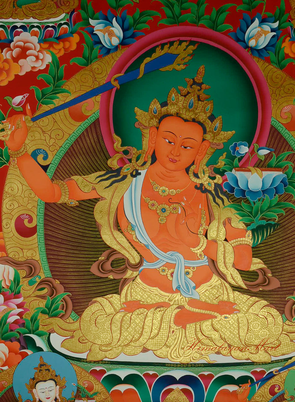 Close-up detail of Tibetan Manjushri Thangka highlighting fine brushwork and symbolic elements.