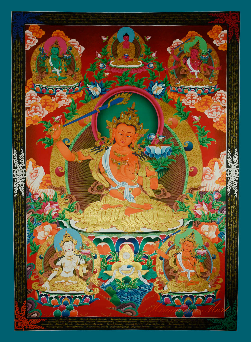 Full view of Manjushri Thangka Painting in traditional Tibetan Buddhist sacred art style.